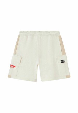 Shorts elasticizzati color avorio con pannelli laterali beige, due tasche frontali con pattina, una con logo EA7 Emporio Armani rosso e una con logo nero.