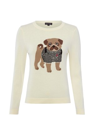 Cream long-sleeve sweater with a knitted design of a brown dog wearing a black and white striped sweater on the front.