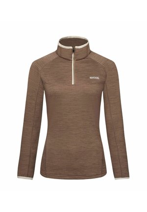 Brązowa bluza z długim rękawem i suwakiem do połowy, wykonana z teksturowanej tkaniny z białym wykończeniem na kołnierzu i mankietach, z małym logo marki outdoor na piersi.