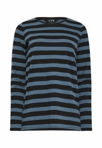 Långärmad topp med svarta och blå horisontella ränder, tillverkad av mjukt tyg. Rund halsringning och avslappnad passform.