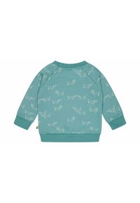 Türkisfarbener Pullover mit weißen Hundedrucken. Mit gerippten Bündchen und Saum, Rundhalsausschnitt und Druckknöpfen an der Schulter für ein einfaches Anziehen.