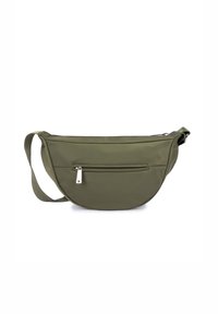Borsa a tracolla in nylon verde oliva dalla forma arrotondata, con chiusura a zip superiore e tasca frontale dotata di un piccolo tirazip in metallo.