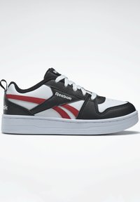 Chaussure de sport noir et blanc avec des accents rouges, dotée d'un dessus en cuir lisse, de lacets blancs et d'une semelle en caoutchouc avec un relief texturé.