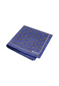Blue handkerchief with a floral pattern in black and white, bordered by a thin brown line, featuring the brand name "BOGGI."