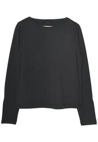 Zwarte longsleeve shirt gemaakt van een gladde, rekbare stof. Heeft een ronde halslijn en een ontspannen, iets cropped pasvorm. Geen patronen of accenten.