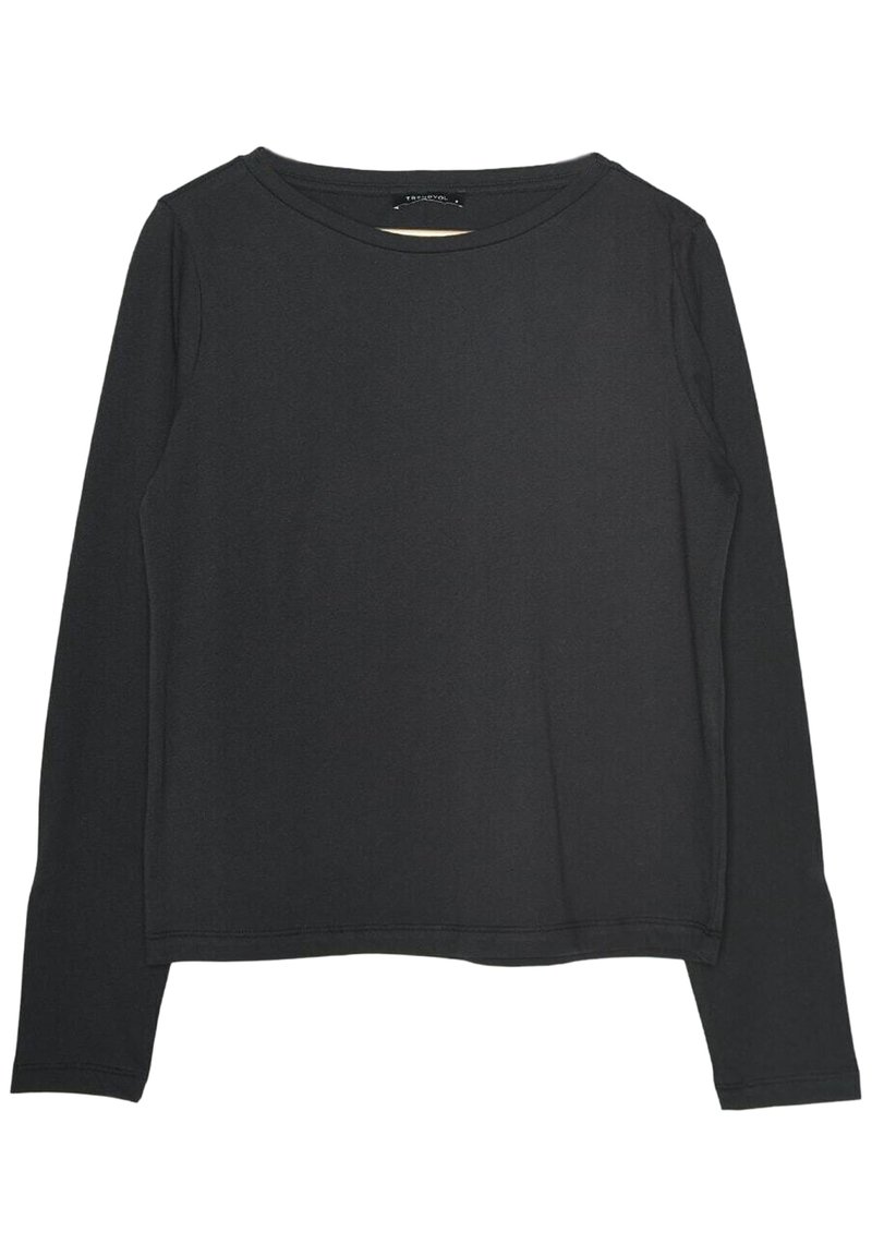 Zwarte longsleeve shirt gemaakt van een gladde, rekbare stof. Heeft een ronde halslijn en een ontspannen, iets cropped pasvorm. Geen patronen of accenten.