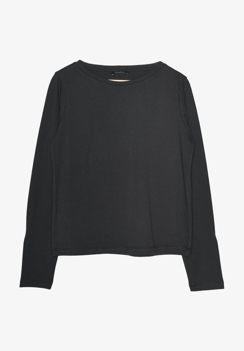 Zwarte longsleeve shirt gemaakt van een gladde, rekbare stof. Heeft een ronde halslijn en een ontspannen, iets cropped pasvorm. Geen patronen of accenten.