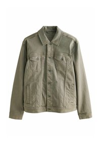 Chaqueta de mezclilla color caqui con cuello tipo solapa, cierre frontal de botones, dos bolsillos en el pecho con solapas y bolsillos laterales para las manos.