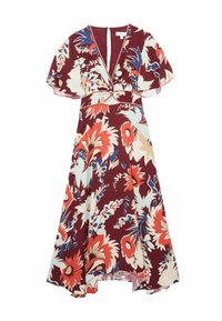 Bloemenmidi-jurk met bordeauxrode basis, korte ruches mouwen, diepe V-hals, uitgesneden taille en grote bloemenpatronen in meerdere kleuren.