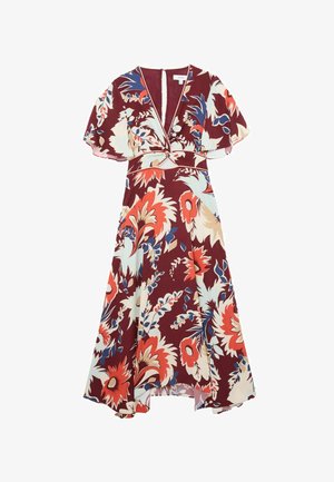 Cvetača midi obleka z bordo osnovo, kratkimi rahlimi rokavi, globokim V-izrezom, izvrtino v pasu in vzorci velikih večbarvnih cvetov.