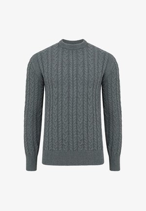 Szary sweter w sploty z okrągłym dekoltem, z teksturowanym wzorem oraz ściągaczami przy mankietach i hemie. Wykonany z grubego, ciepłego materiału.