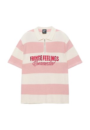 Short-sleeve pink and white striped knit polo shirt with zipper and red text "FRINGE FEELINGS Connected" across the chest.