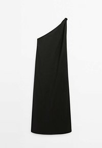 Robe noire à une épaule en tissu léger. Design drapé, longueur au sol, avec un détail froncé à l'épaule. Texture lisse.