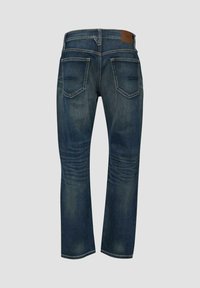 Dunkelblaue Denim-Jeans, von hinten gezeigt, mit zwei Gesäßtaschen, ausgewaschenen Details und einem braunen Leder-Markenpatch am Bund.