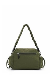 Borsa a spalla verde in nylon con tracolla intrecciata, tasca frontale con zip e superficie morbida. Dispone di cordini laterali per una dimensione regolabile.