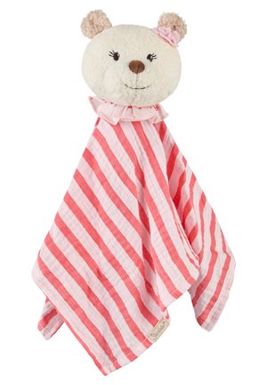 Soft beige teddy bear head with a pink flower on the ear attached to a pink and white striped comfort blanket.