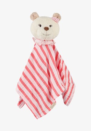 Testa di orsetto beige morbido con un fiore rosa sull'orecchio, attaccata a una coperta di conforto rosa e bianca a strisce.