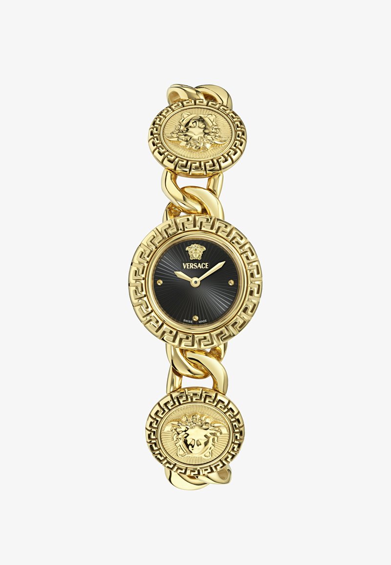 Kuldtooni kell, millel on ahelate disain. Mustal taustal on riduline tekstuur ja kuldsed aktsendid. Kreeka võtme mustriga ääristatud taust.