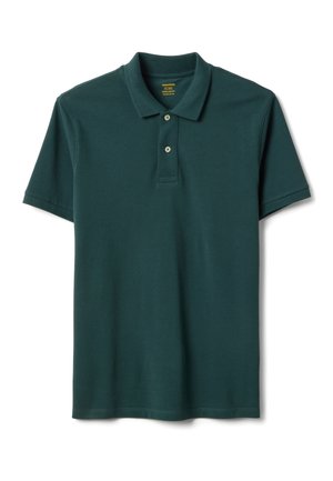 Polo vert foncé à manches courtes avec deux boutons blancs et un col classique, présenté sur fond blanc.