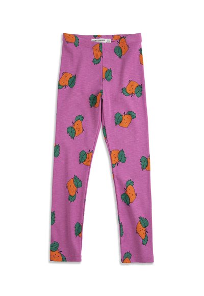 Leggings pour enfants violet côtelé avec un motif répétitif de carottes orange, avec des feuilles vertes et des visages souriants.