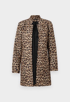 Cappotto in stampa leopardata con design senza colletto, maniche lunghe e interno nero. Presenta una vestibilità comoda e un taglio dritto.