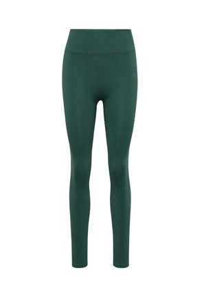 Mørkegrønne sømløse leggings med høj talje og fuld længde, designet til en tætsiddende pasform.
