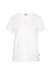 Weißes Baumwoll-T-Shirt mit kurzen Ärmeln, V-Ausschnitt, lockerer Passform und kleinem Markenetikett an der Seitennaht. Einfaches, einfarbiges Design.