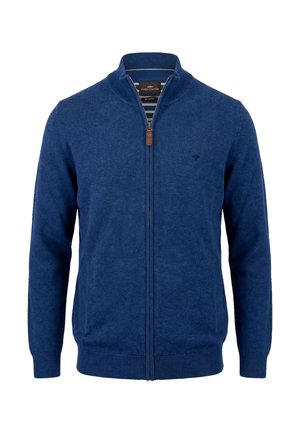 Modrý pánsky sveter na zips s rebrovanými manžetami a lemom, stojacím golierom a jemným vyšívaným logom na hrudi.