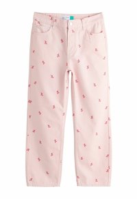 Heledad roosad teksad, millel on kogu pinna ulatuses punaste ja roheliste kirsiõite tikandid. Omab viit taskut ning sirget jalgevahe stiili.