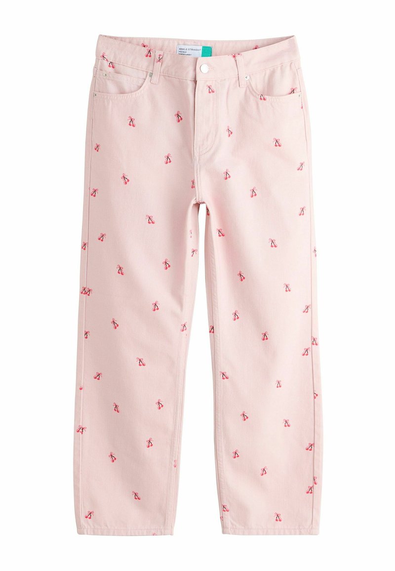 Šviesiai rožiniai džinsai su viso paviršiaus vyšnių žydėjimo siuvinėjimu raudonais ir žaliais atspalviais. Turi penkis kišenes ir tiesią kojų siluetą.