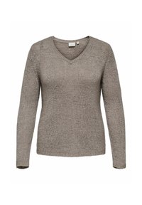 Světlounce hnědý pletený svetr s výstřihem do V a dlouhými rukávy, zobrazený na bílém pozadí.
