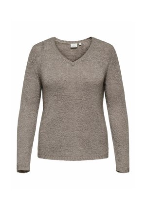 Suéter de punto color marrón claro con escote en V y mangas largas, exhibido sobre un fondo blanco.