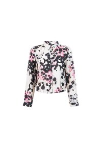 Korte button-up shirt in lichte stof met een zwart, wit en roze abstract bloemmotief; heeft lange mouwen en een kraag.