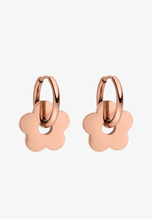 Roségoldene Creolen, jeweils mit einem hängenden, glatten, fünfblättrigen blumenförmigen Anhänger mit einer kreisförmigen Aussparung in der Mitte.