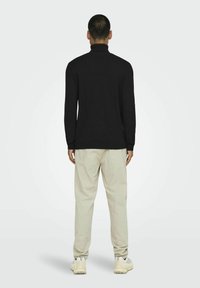 Zwarte coltrui, slim-fit ontwerp, lange mouwen, gecombineerd met lichtbeige broek en neutraal gekleurde schoenen, gezien vanuit de achterkant.
