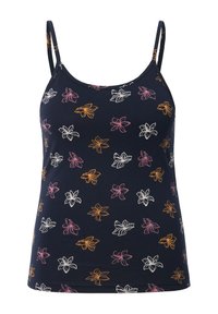 Navy tank top featuring a floral pattern in white, pink, and orange. Made from a smooth fabric with thin, adjustable spaghetti straps.