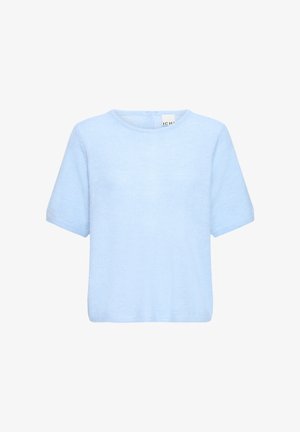 Hele sinine lühikeste varrukatega kootud džemper ümmarguse kaelusega ja sirge äärega.