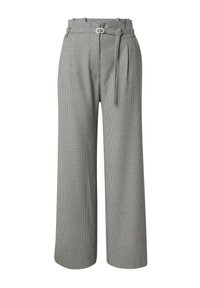 Grijze geruite wijde pijpen broek met een hoge taille, een riem met een ronde gesp en zijzakken. Gladde stof en een op maat gemaakte uitstraling.