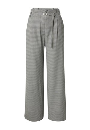 Gray checkered wide-leg trousers with a high waist, a belt with a circular buckle, and side pockets. Smooth fabric texture and tailored design.