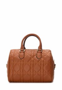 Bolso de piel marrón acolchado con forma redondeada, doble asa, herrajes en tono dorado y costura en patrón de diamante. Incluye correa de hombro ajustable.