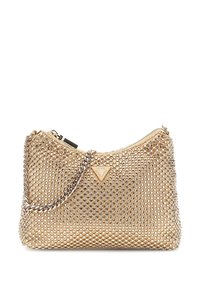 Borsa a tracolla dorata con una rete metallica decorativa, dotata di chiusura a zip e una catena dal tono argento. Abbellita con una placca del logo.
