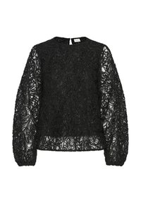 Crna čipkasta majica s dugim napuhanim rukavima, okruglim izrezom i složenim cvjetnim uzorkom. Prozirna tkanina s teksturiranim detaljima kroz cijelu površinu.