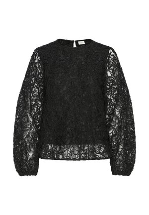 Haut en dentelle noire avec de longues manches bouffantes, encolure ronde et motif floral complexe. Tissu transparent avec des détails texturés tout au long.