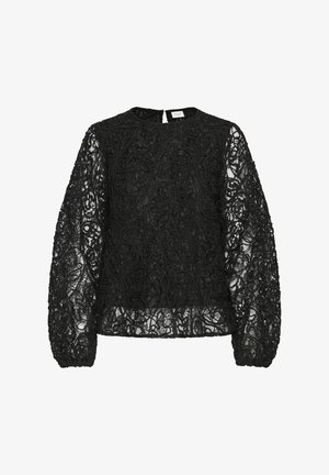 Sort blonde-top med lange pufærmer, rund halsudskæring og indviklet blomstermønster. Gennemsigtigt stof med teksturerede detaljer hele vejen igennem.