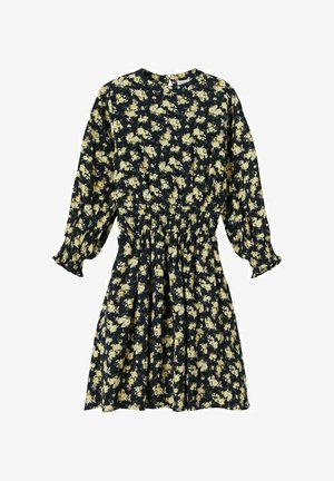 Czarna sukienka w kwiaty z długimi bufkami na rękawach, elastycznym pasem i małym wzorem żółtych i białych kwiatów.