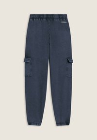 Pantalons cargo bleu foncé avec une taille élastique, des poches latérales et des détails cousus. Fabriqués en tissu doux et texturé, offrant une coupe décontractée.