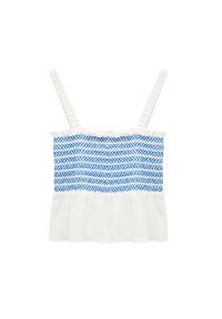 Witte mouwloze crop top met blauwe gesmockte elastische details over de borst en een gerimpelde zoom, met geplooide schouderbanden.