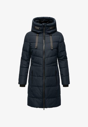 Marinblå vadderad jacka med hög krage, justerbar huva, två framfickor med dragkedja, elastiska ärmmuddar och kontrasterande svarta detaljer.