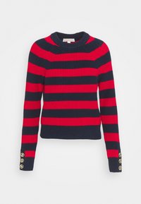 Czerwono-granatowy sweter w paski, dziergany, z okrągłym dekoltem, ściągaczem u dołu oraz złotymi guzikami na mankietach.