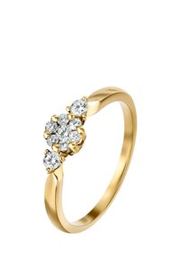 Goldring mit fünf runden, klaren Edelsteinen im Clusterdesign, mit einem glatten, geschwungenen Band und polierter Oberfläche.